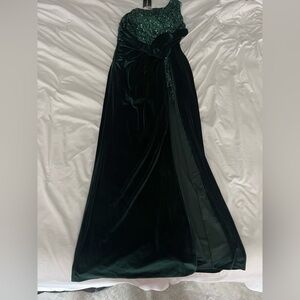 One-Shoulder Emerald Green Velvet & Sequin Evening Gown